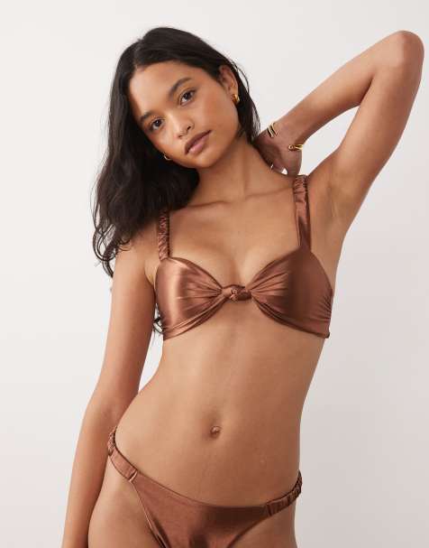 The Frolic - Exclusive - Metallic bikinitopje met geknoopte voorkant in brons, deel van co-ord set - view 1