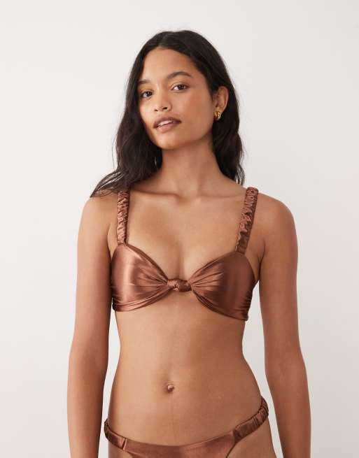 The Frolic exclusive metallic knot front bikini top co-ord in bronze, 2 of 4