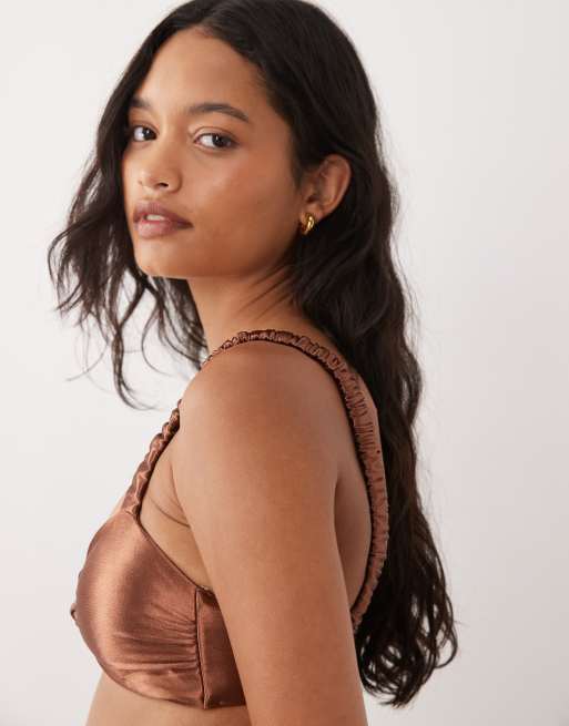 The Frolic exclusive metallic knot front bikini top co-ord in bronze, 3 of 4