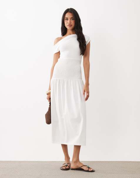 The Frolic - Exclusive - Midi jurk van jersey met gesmokte taille en blote schouders in wit - view 1