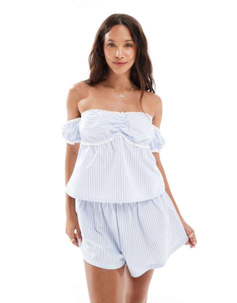 The Frolic exclusive milkmaid off sleeve bow detail top co-ord in blue and white stripe  