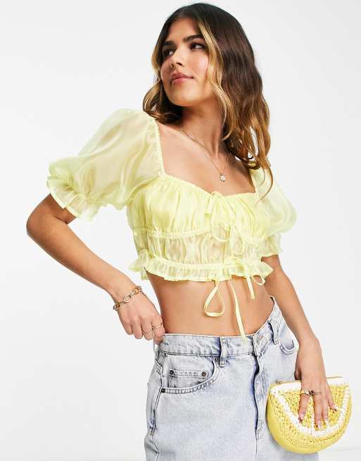 The Frolic exclusive milkmaid top with puff sleeves in lemon organza 