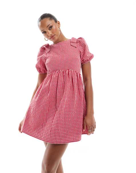 The Frolic – Exclusive – Mini-Hängerkleid in Rot mit Vichykaro, Schleifen an den Schultern, Puffärmeln und Schleife hinten - view 1