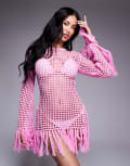 [The Frolic] The Frolic exclusive open crochet fringe detail mini dress in bubblegum pink 34 PINK