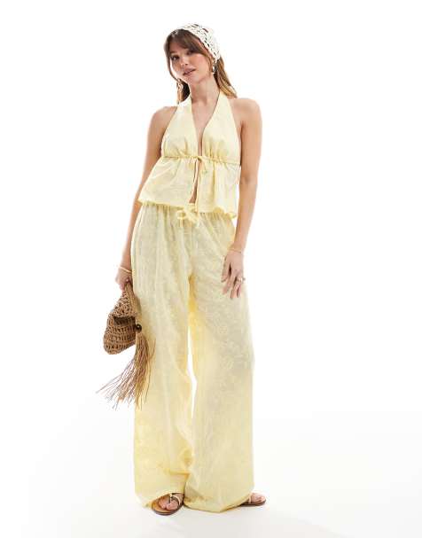 The Frolic exclusive open halter neck top and straight leg trouser co-ord in lemon - view 1