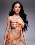[The Frolic] The Frolic exclusive orange trim frill detail bandeau bikini top in tropical floral (Part of a set)-Multi 36 Tropical Floral