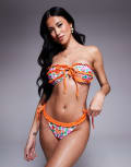 [The Frolic] The Frolic exclusive orange trim frill detail tie-side bikini bottom in tropical floral (Part of a set)-Multi 42 Tropical Floral