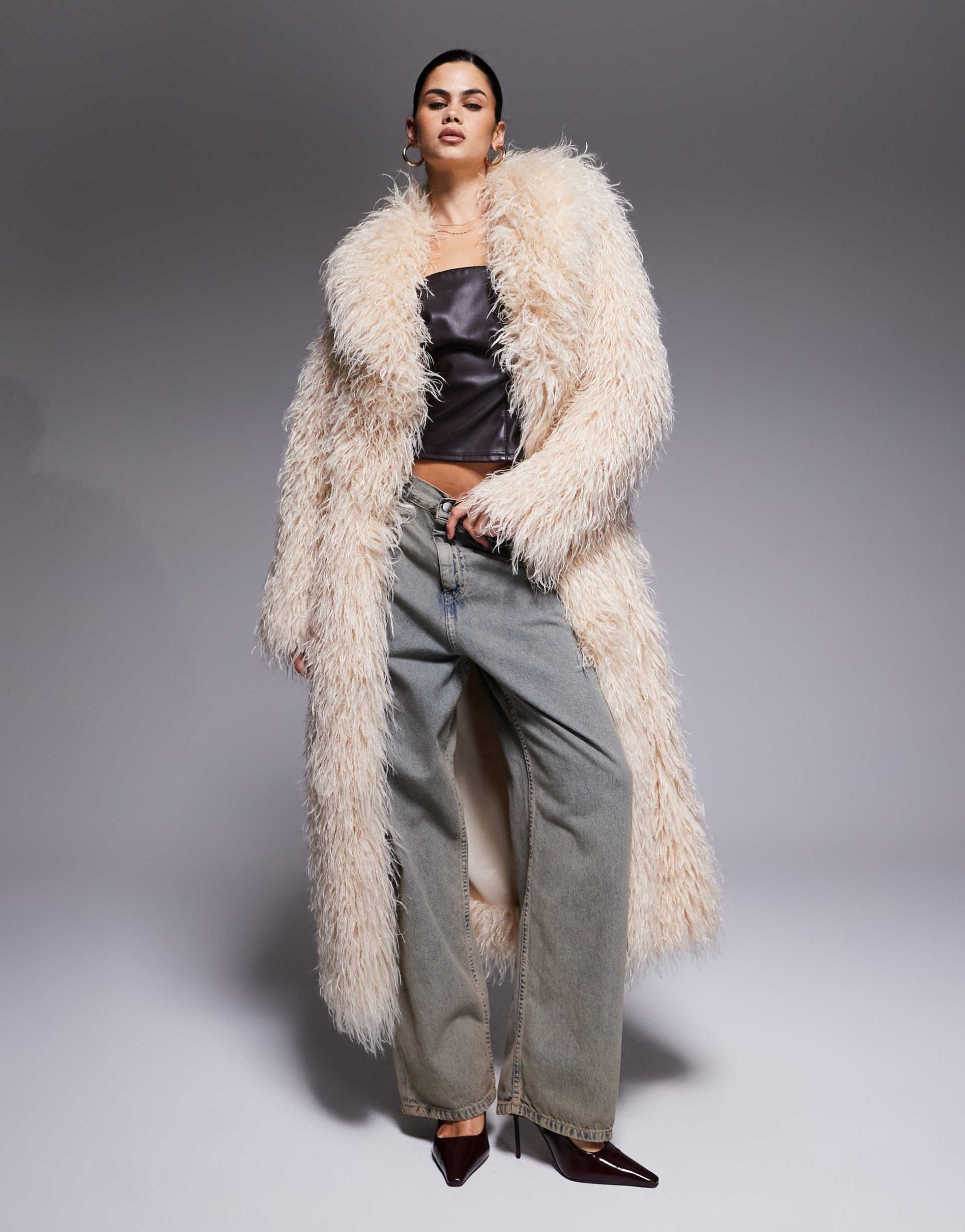 the frolic exclusive oversized collar faux fur maxi coat in cream