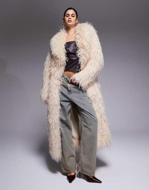 The Frolic exclusive oversized collar faux mongolian fur maxi coat in cream - view 1
