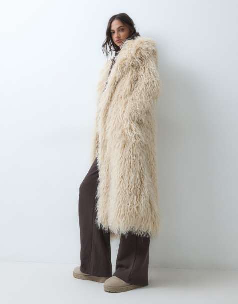 The Frolic exclusive oversized collar faux mongolian fur maxi coat in cream - view 1