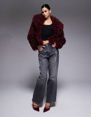 The Frolic Exclusive Oversized Collar Mongolian Faux Fur Jacket In Burgundy