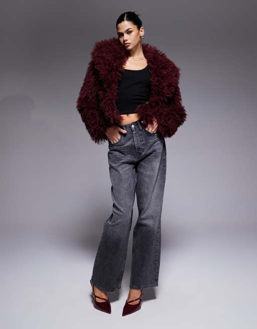 The Frolic exclusive oversized collar mongolian faux fur jacket in burgundy
