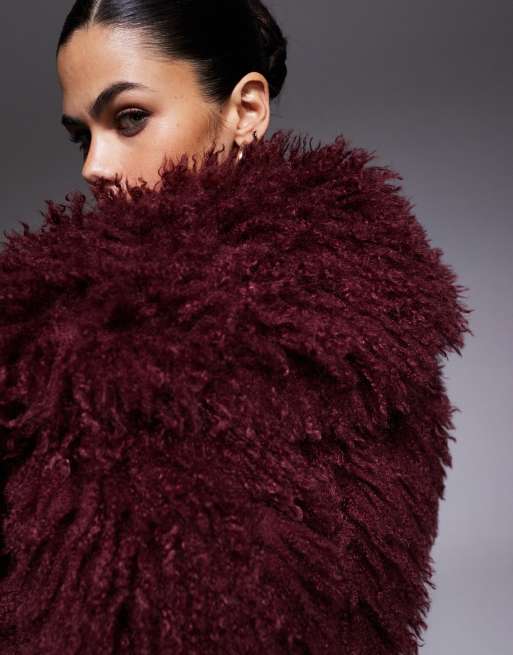 The Frolic exclusive oversized collar mongolian faux fur jacket in burgundy