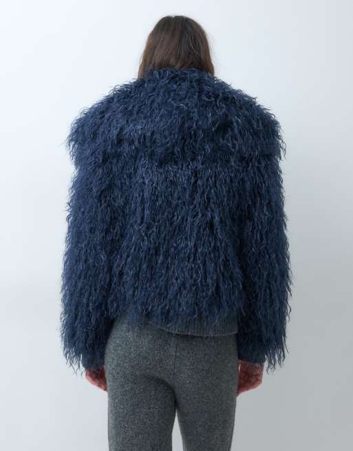 The Frolic exclusive oversized collar mongolian faux fur jacket in navy, 4 of 5