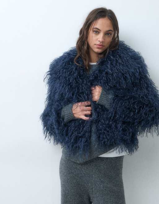 The Frolic exclusive oversized collar mongolian faux fur jacket in navy, 5 of 5