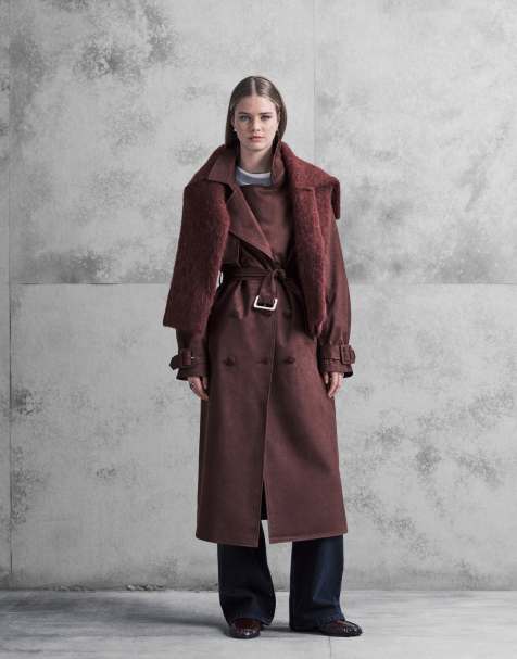 The Frolic - Exclusive - Oversized trenchcoat van imitatiesuède met kraagje en riem in pruimenpaars - view 1