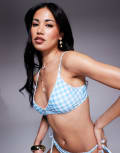 [The Frolic] The Frolic exclusive picot trim bow detail scoop neck bikini top in blue gingham (Part of a set)-Multi 36 BLUE & WHITE GINGHAM