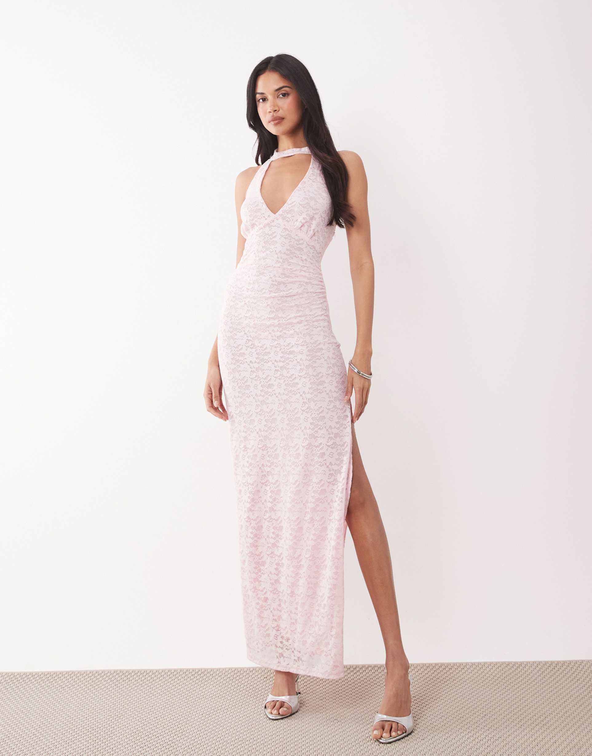the frolic exclusive plunge neck scarf detail lace maxi dress in pink