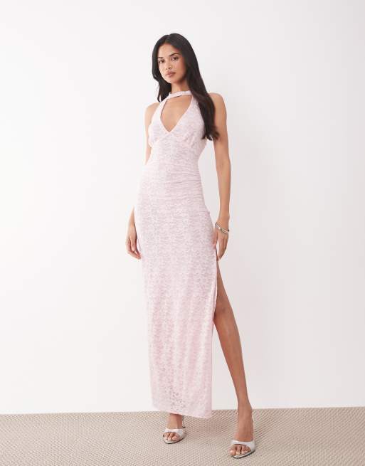 The Frolic exclusive plunge neck scarf detail lace maxi dress in pink | ASOS