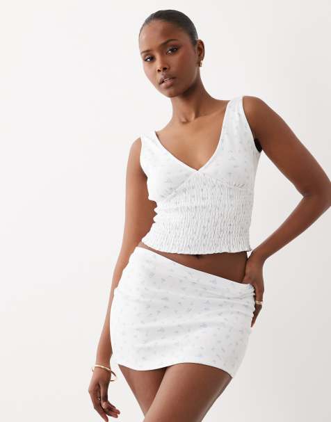 The Frolic exclusive plunge neck shirred waist top in white floral - part of a set - view 1