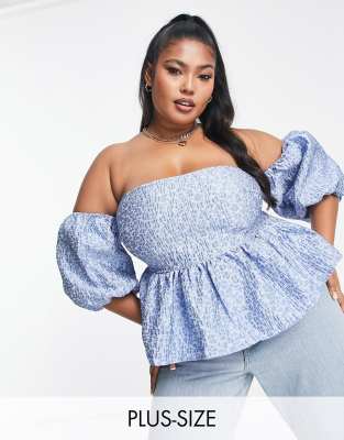 The Frolic Plus The Frolic exclusive Plus textured floral bardot blouse in blue