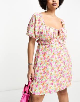 The Frolic exclusive Plus watercolour floral ruched bust puff sleeve mini dress in multi