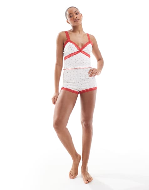 The Frolic exclusive pointelle red lace trim pyjama shorts co-ord in heart print - view 1