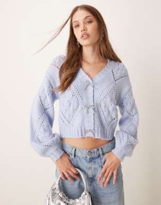 exclusive pointelle stitch diamante bow balloon sleeve cardigan in blue