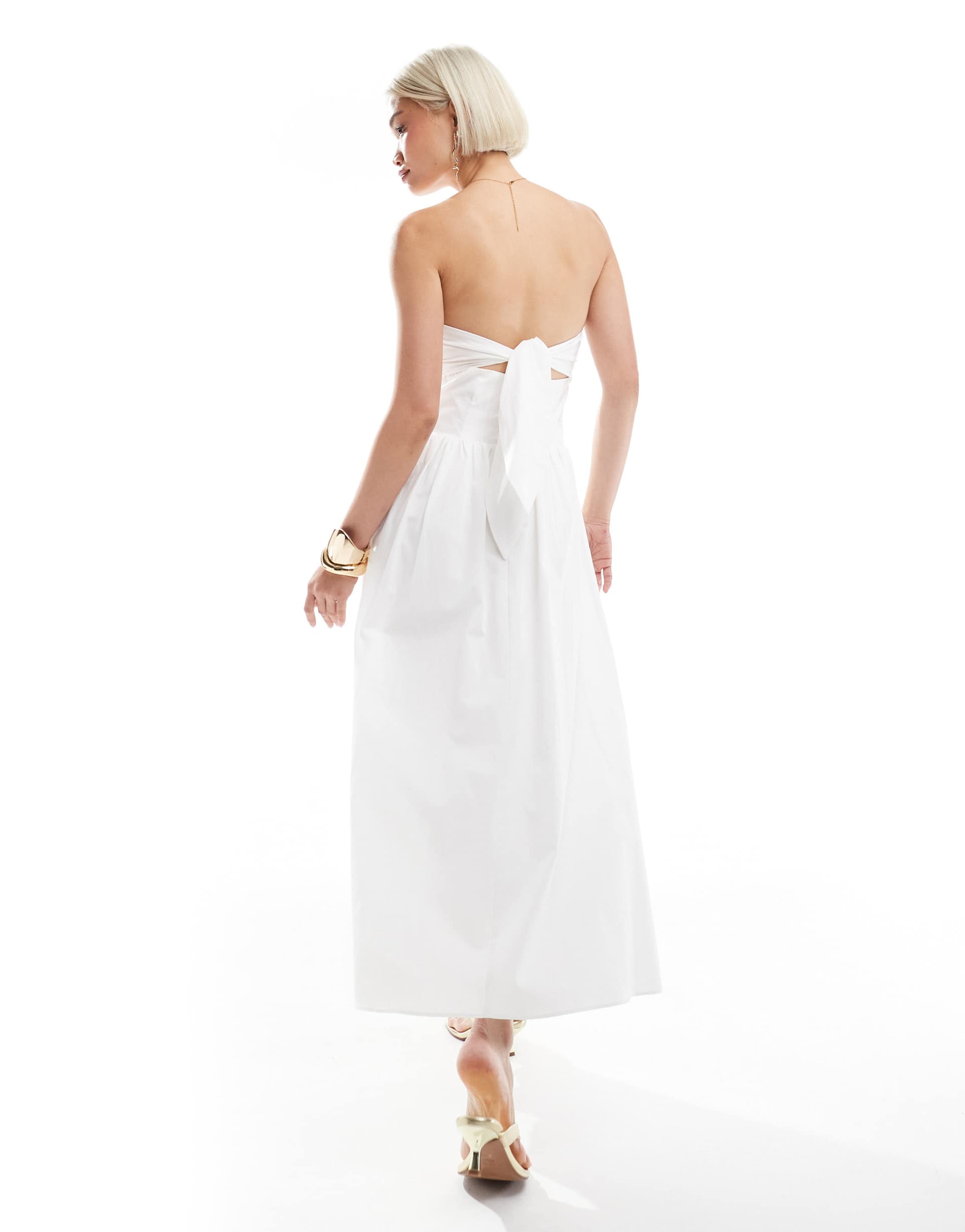 the frolic exclusive poplin bandeau cut out tie back detail maxi dress in white