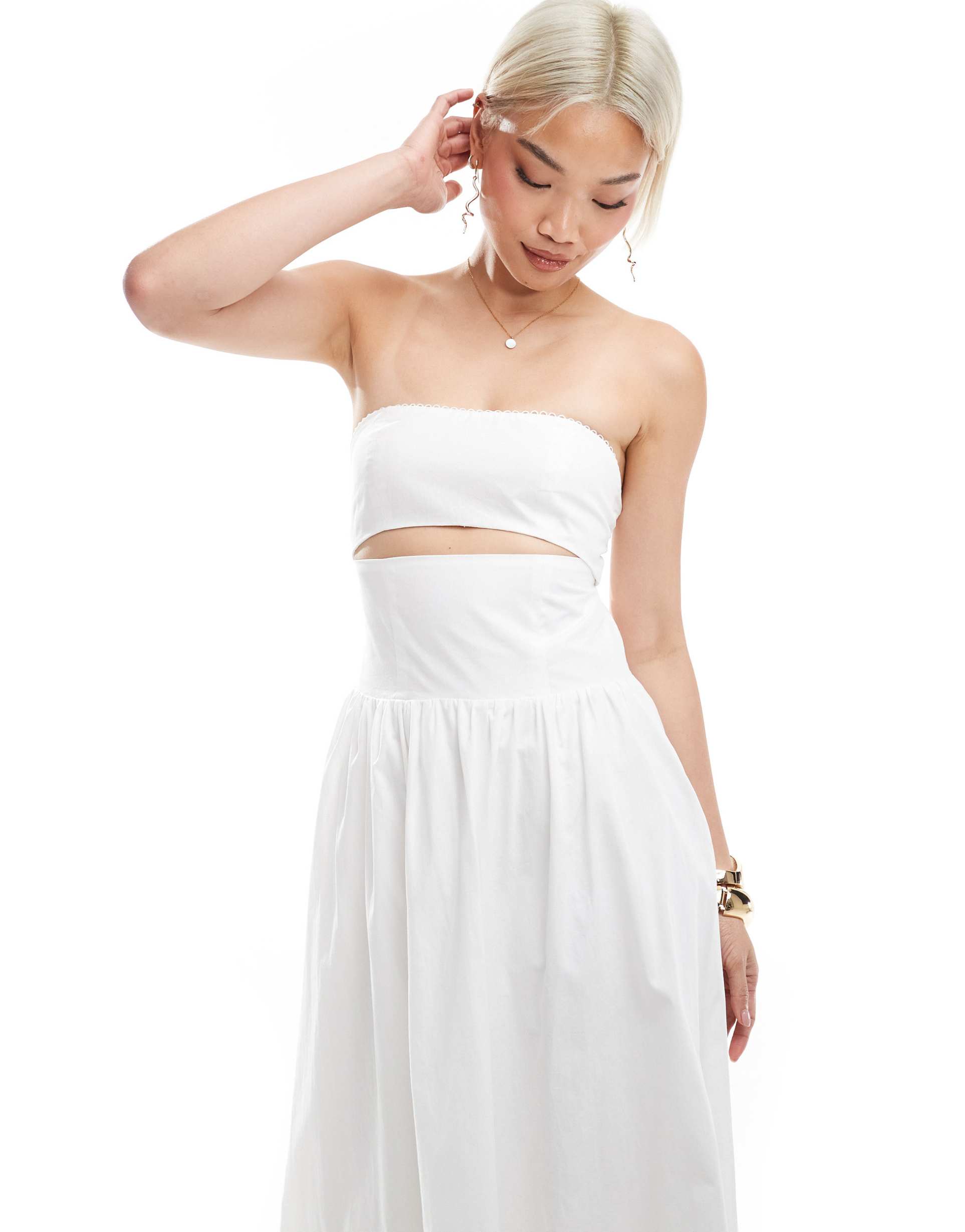 the frolic exclusive poplin bandeau cut out tie back detail maxi dress in white