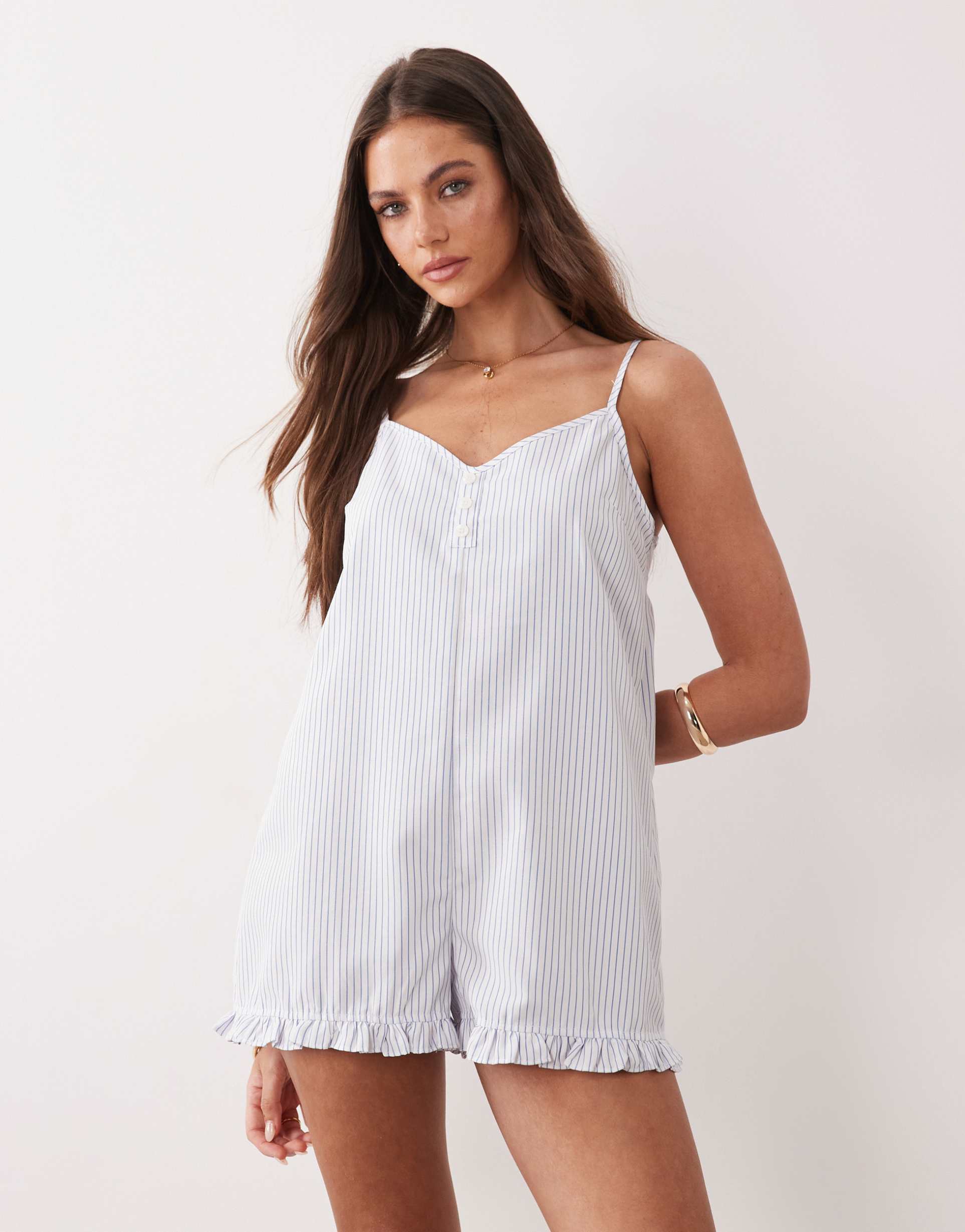 the frolic exclusive poplin look frill trim button front cami romper in blue & white stripe