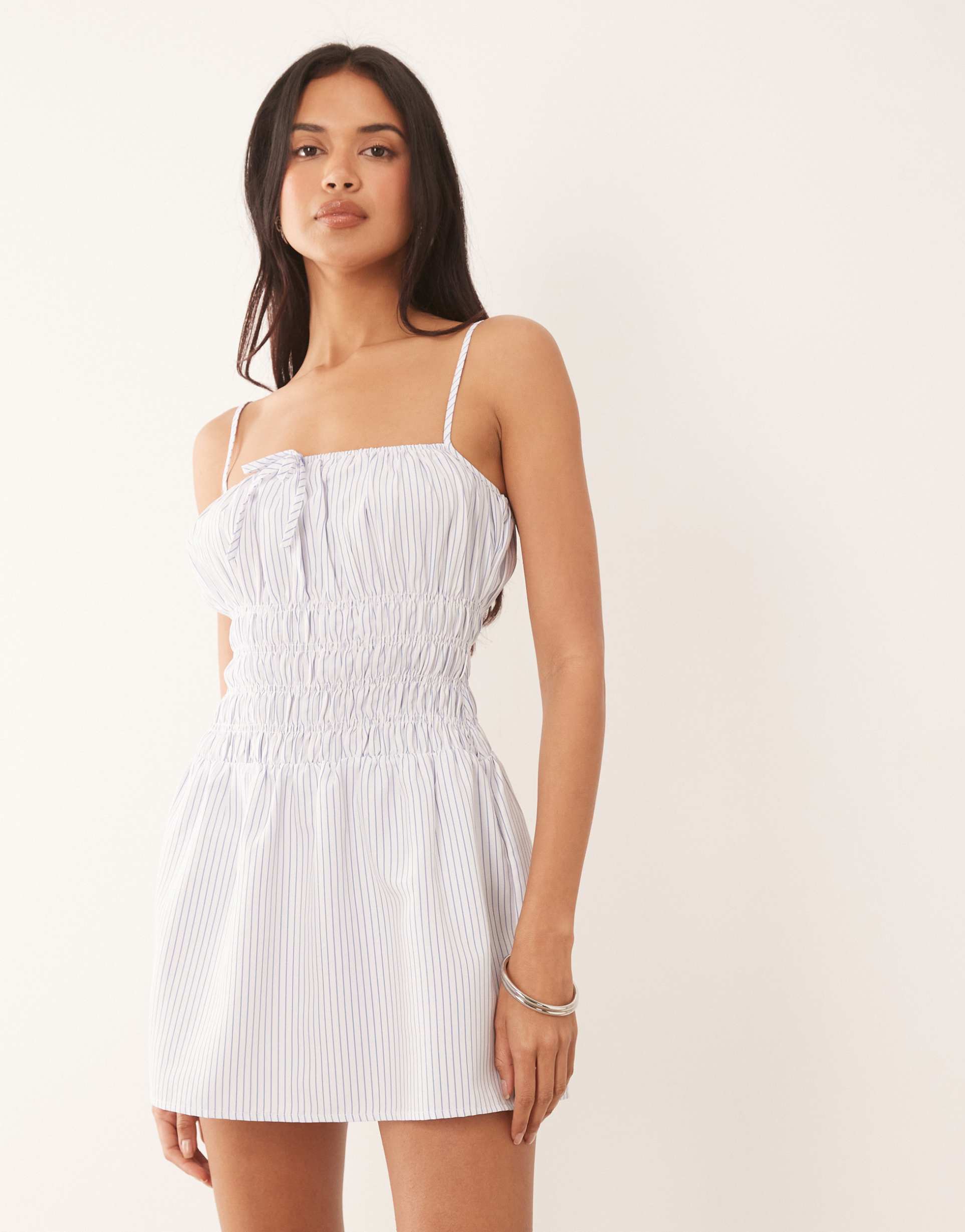 the frolic exclusive poplin look shirred tie front cami flippy hem mini dress in blue and white stripe