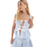 [The Frolic] The Frolic exclusive poplin shirred contrast tie bow top in blue stripe (part of a set) 14 Blue stripe