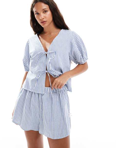 The Frolic exclusive puff sleeve tie front pyjama top and shorts co-ord in blue and white stripe - view 1