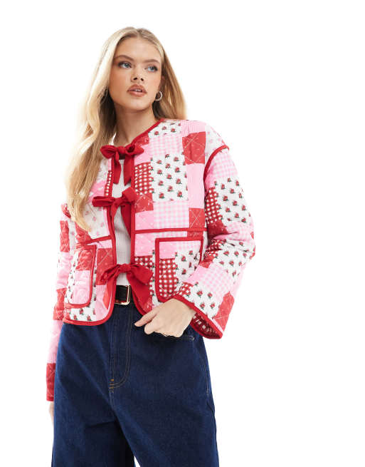 The Frolic Exclusive quilted bow tie front reversible jacket in red gingham and multi print