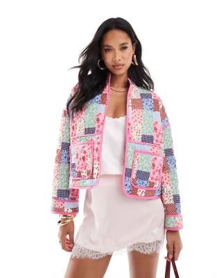 exclusive quilted contrast trim jacket in pink patchwork print-Multi