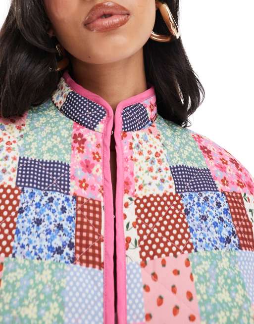 The Frolic exclusive quilted contrast trim jacket in pink patchwork print , 2 of 4