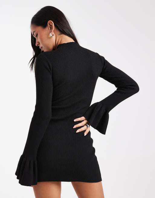 The Frolic exclusive rib knit faux pearl detail flare sleeve knit mini dress  in black | ASOS