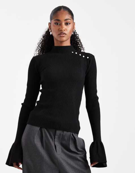 The Frolic exclusive rib knit pearl detail flare sleeve sweater in black - view 1