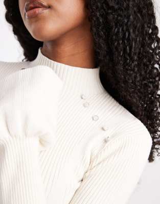 The Frolic Exclusive Rib Knit Pearl Detail Flare Sleeve Sweater In White