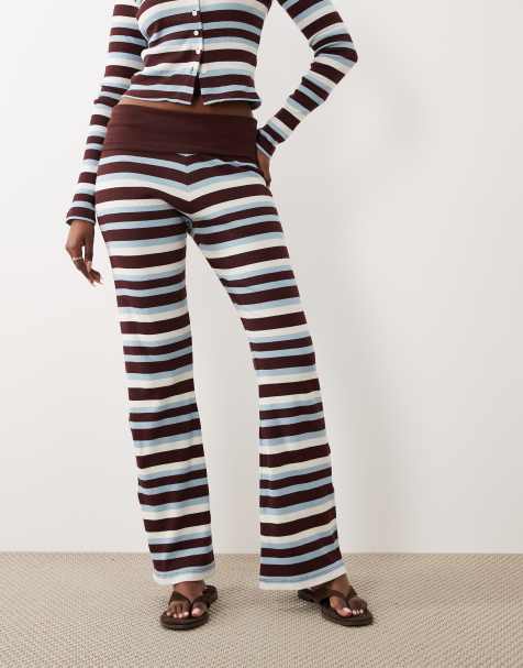 The Frolic exclusive ribbed button through long sleeve top and flare trouser co-ord in blue & chocolate stripe - view 1