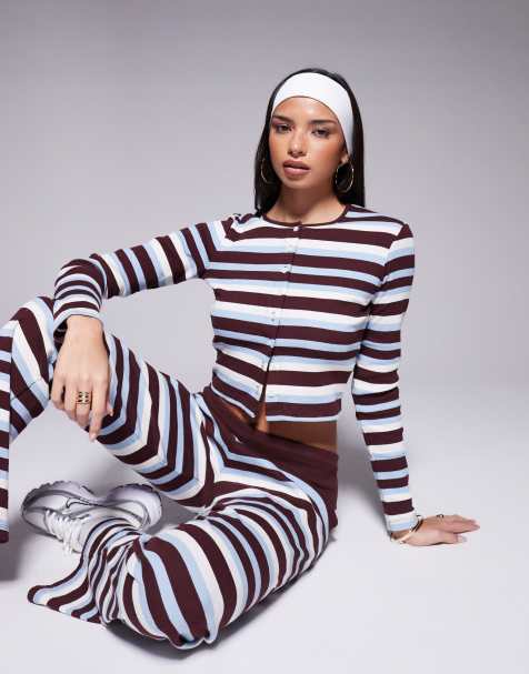 The Frolic exclusive ribbed button through long sleeve top co-ord in blue & chocolate stripe - view 1