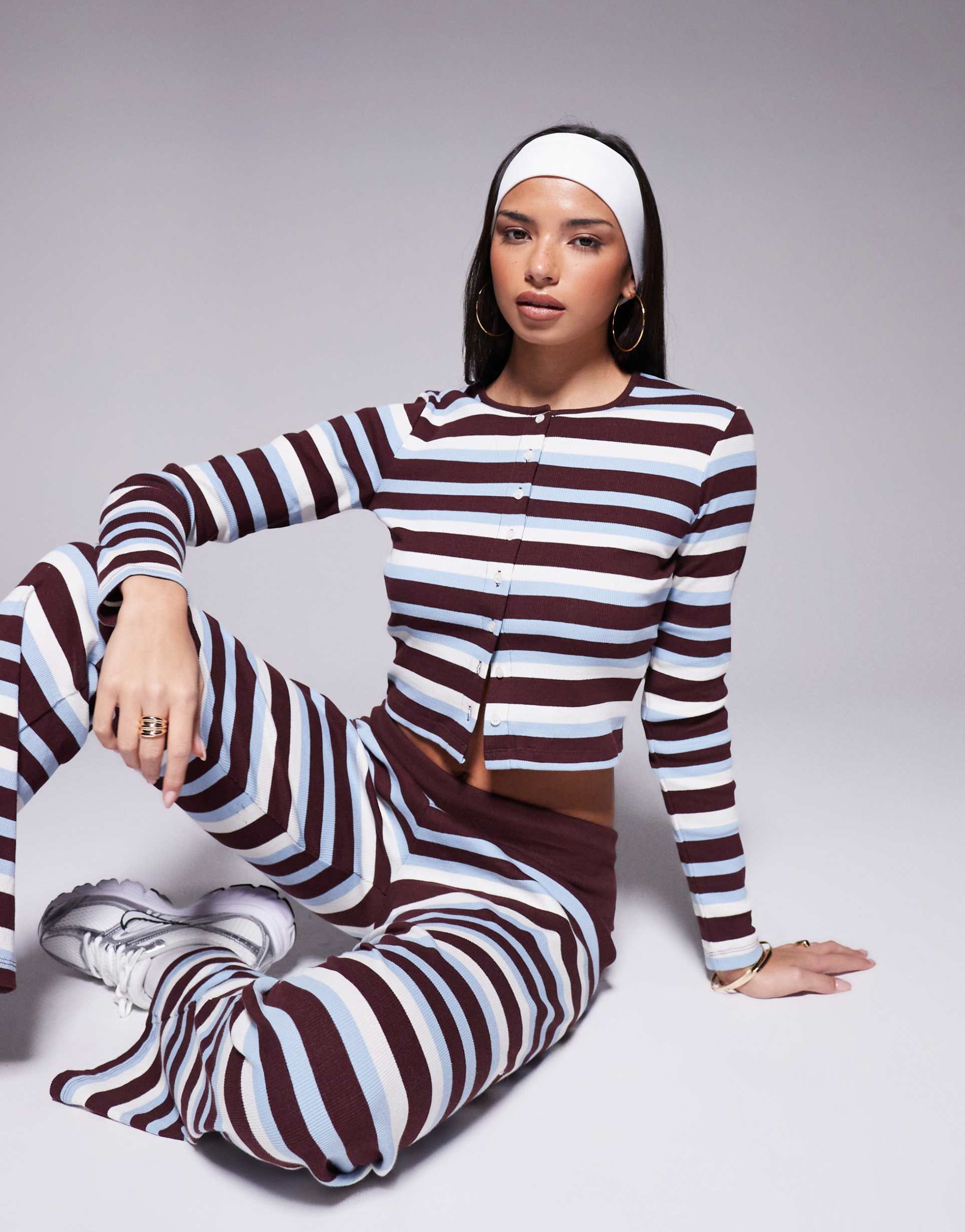 the frolic exclusive ribbed button up long sleeve top in blue & chocolate stripe - part of a set