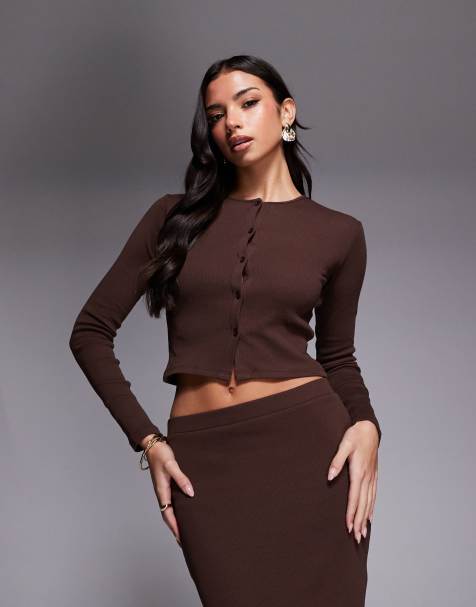 The Frolic exclusive ribbed button through long sleeve top co-ord in chocolate