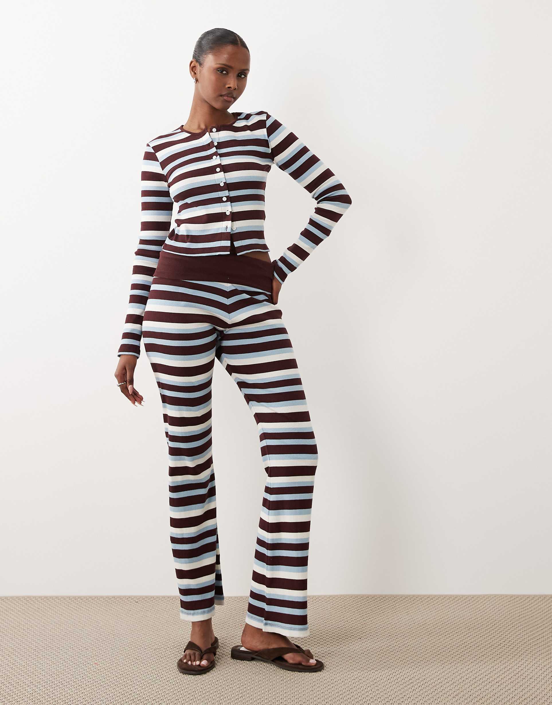 the frolic exclusive ribbed fold over flare pants in blue & chocolate stripe - part of a set