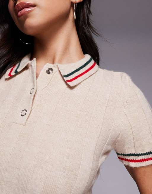 The Frolic exclusive ribbed knit button up collared contrast trim cap  sleeve mini dress in oat | ASOS