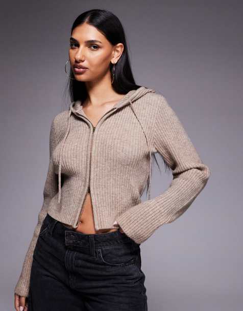 The Frolic exclusive ribbed knit double zip through hooded cardigan in oat - view 1