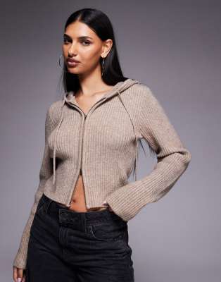 The Frolic Exclusive Ribbed Knit Double Zip Up Hooded Cardigan In Brown