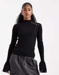 [The Frolic] The Frolic exclusive ribbed knit pearl detail flare sleeve jumper in black 12 BLACK