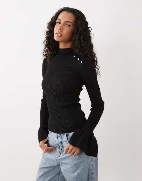 The Frolic exclusive ribbed knit pearl detail flare sleeve jumper in black - view 1